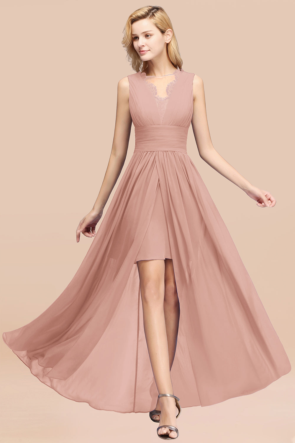 Elegant Chiffon Lace Jewel Sleeveless Bridesmaid Dress with Ruffle