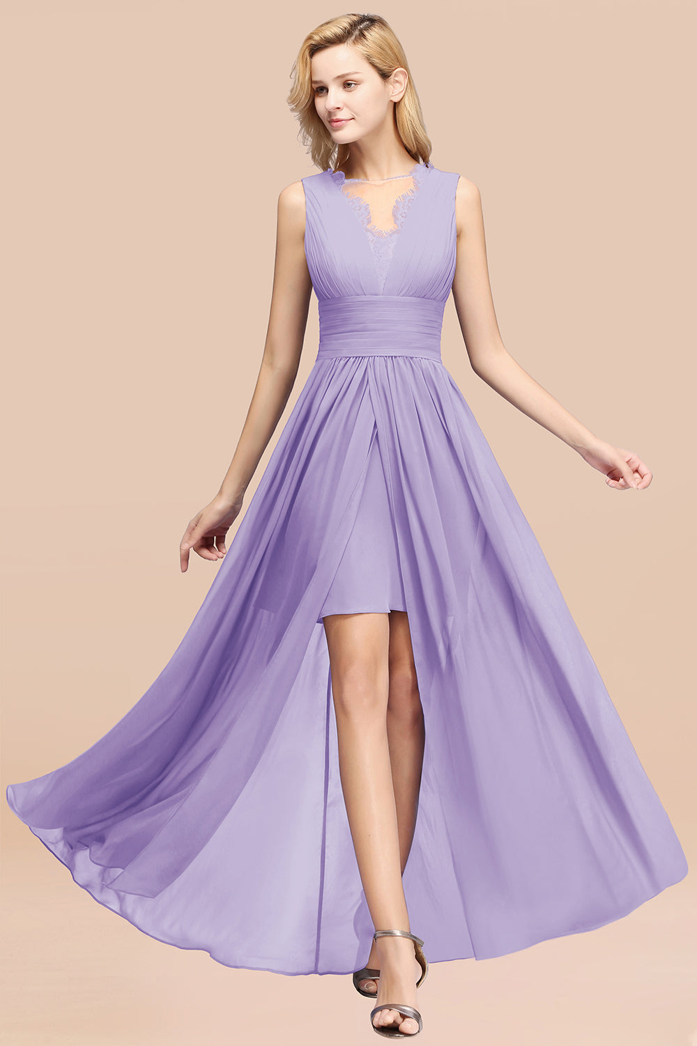 Elegant Chiffon Lace Jewel Sleeveless Bridesmaid Dress with Ruffle