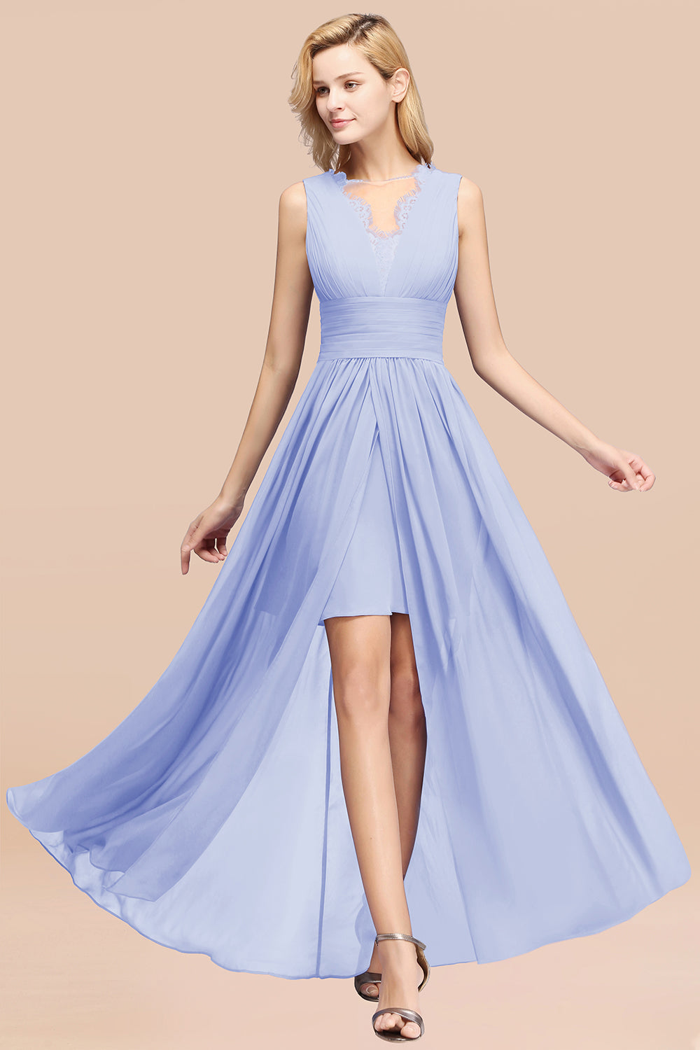 Elegant Chiffon Lace Jewel Sleeveless Bridesmaid Dress with Ruffle