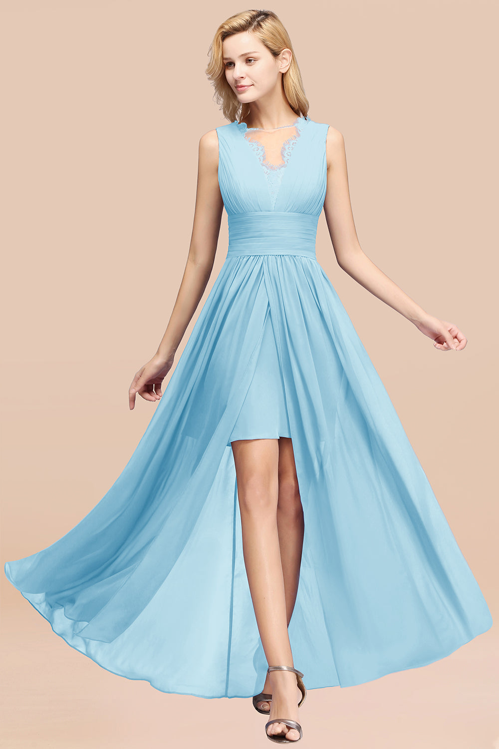 Elegant Chiffon Lace Jewel Sleeveless Bridesmaid Dress with Ruffle