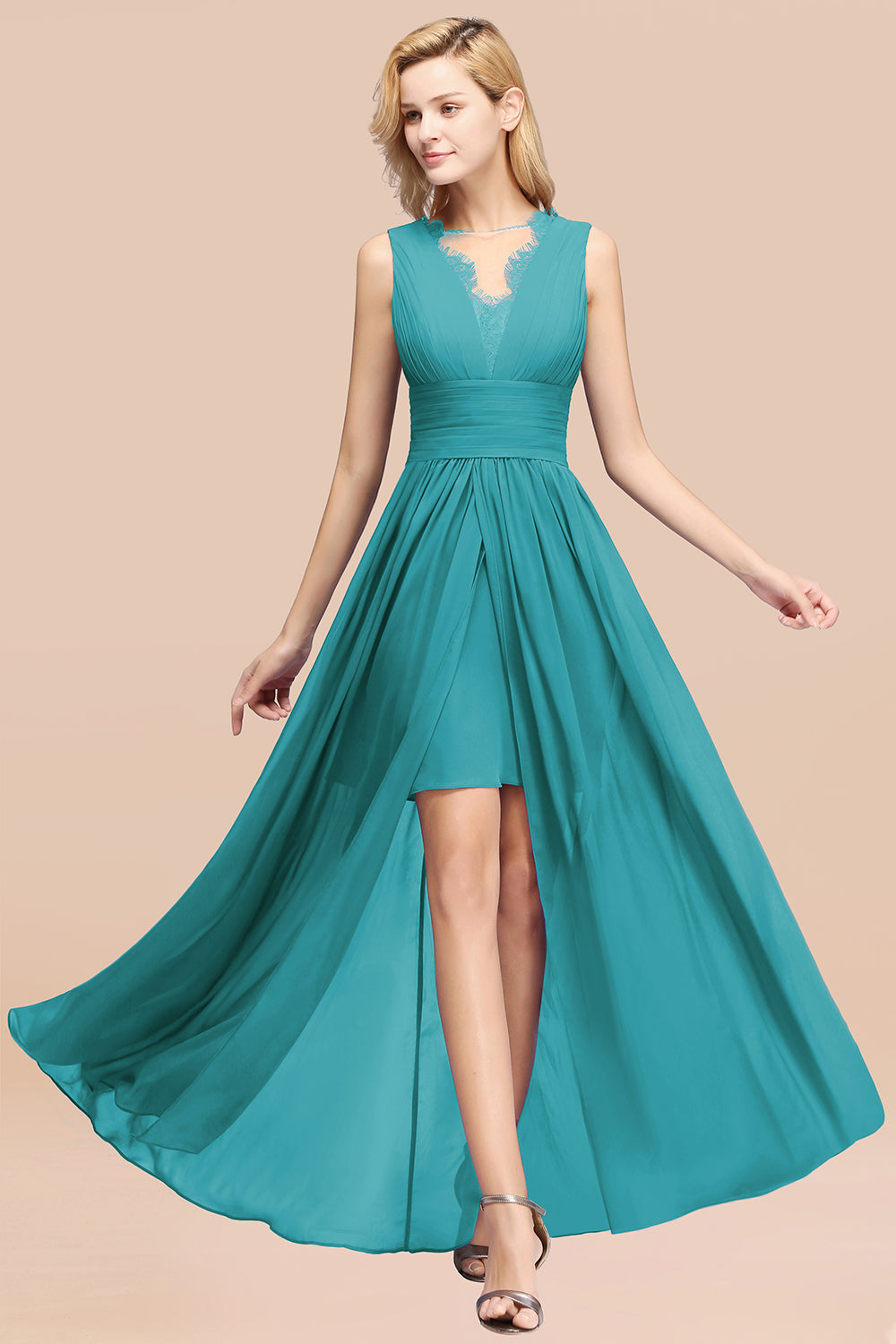 Elegant Chiffon Lace Jewel Sleeveless Bridesmaid Dress with Ruffle