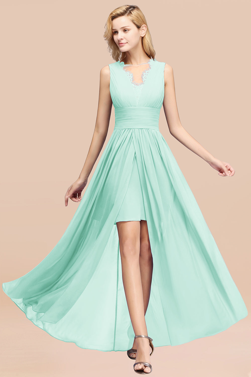 Elegant Chiffon Lace Jewel Sleeveless Bridesmaid Dress with Ruffle