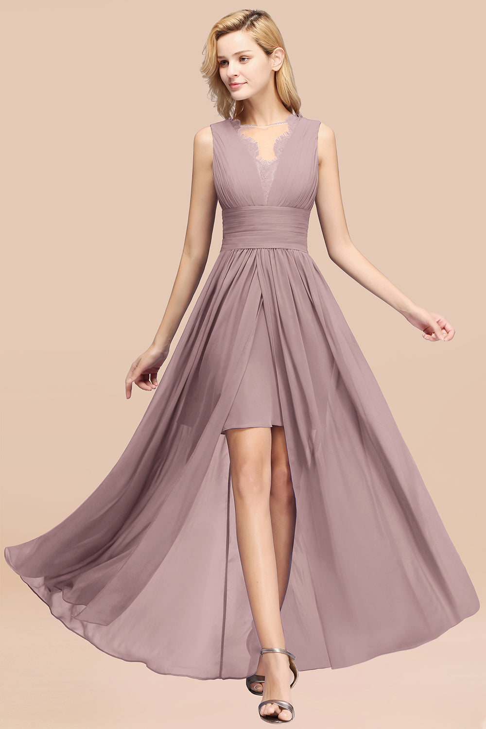 Elegant Chiffon Lace Jewel Sleeveless Bridesmaid Dress with Ruffle