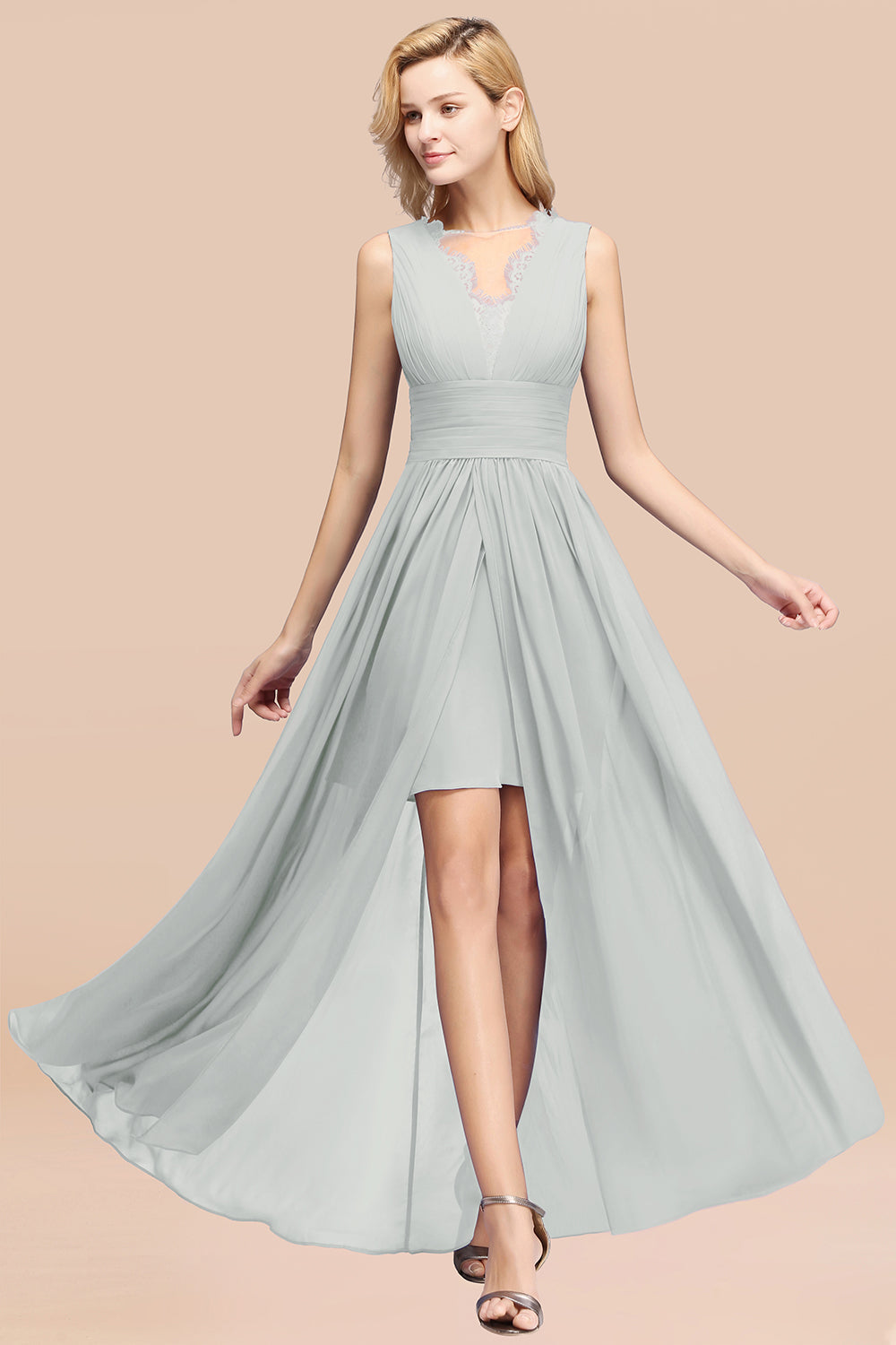 Elegant Chiffon Lace Jewel Sleeveless Bridesmaid Dress with Ruffle