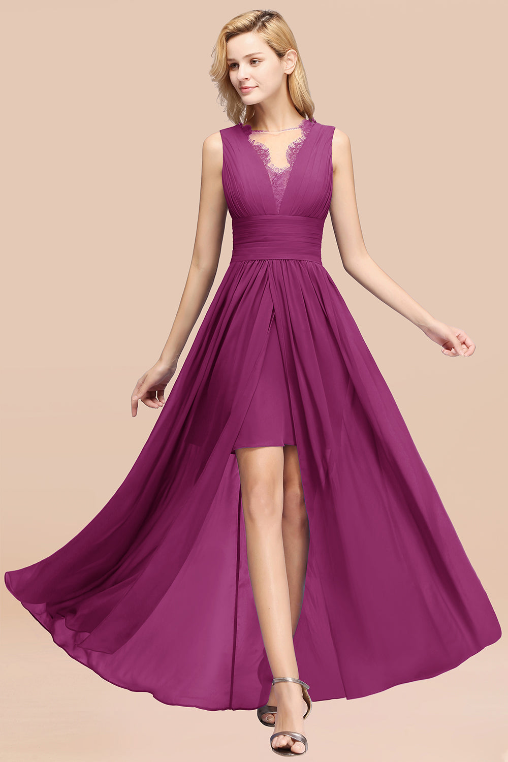 Elegant Chiffon Lace Jewel Sleeveless Bridesmaid Dress with Ruffle