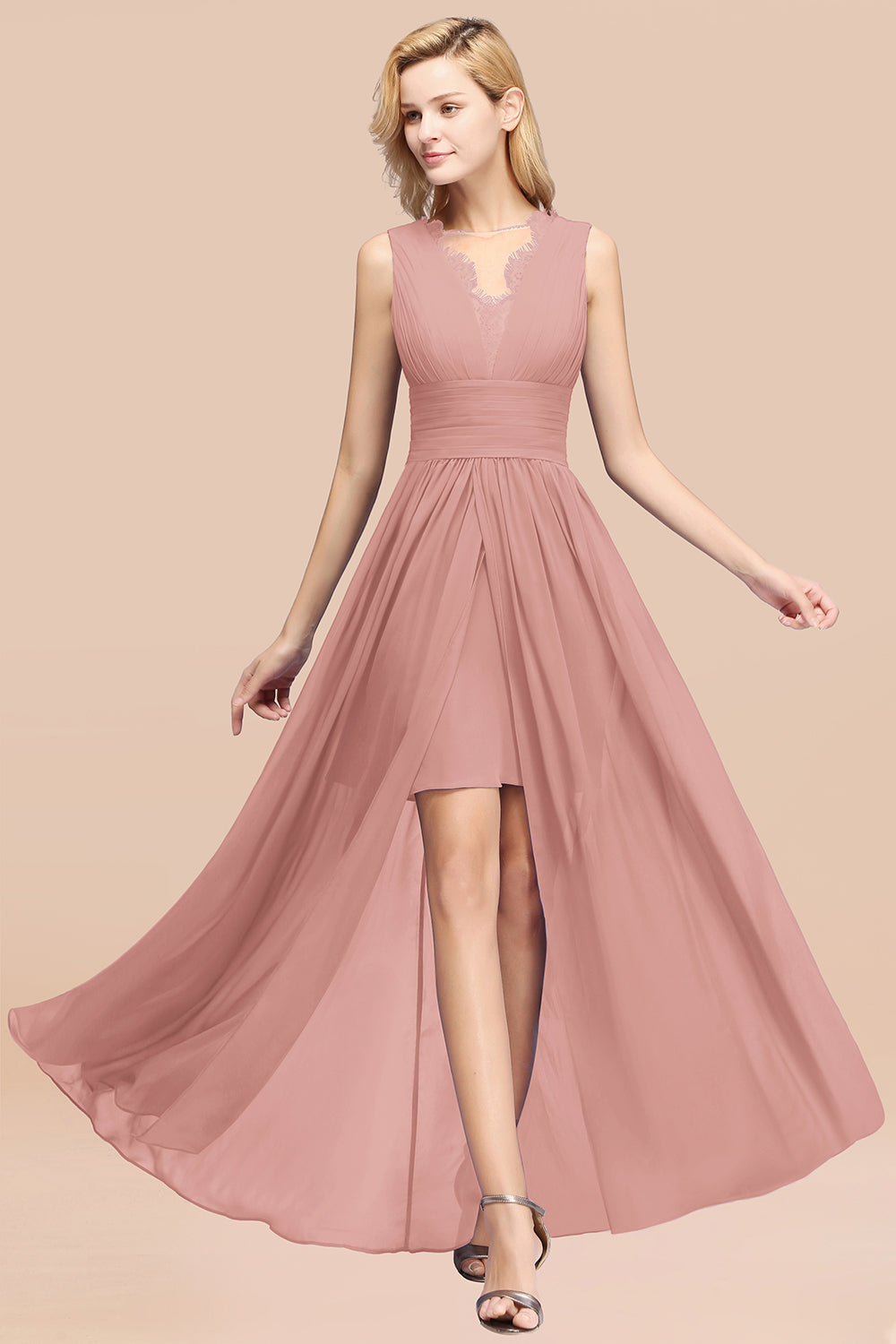 Elegant Chiffon Lace Jewel Sleeveless Bridesmaid Dress with Ruffle