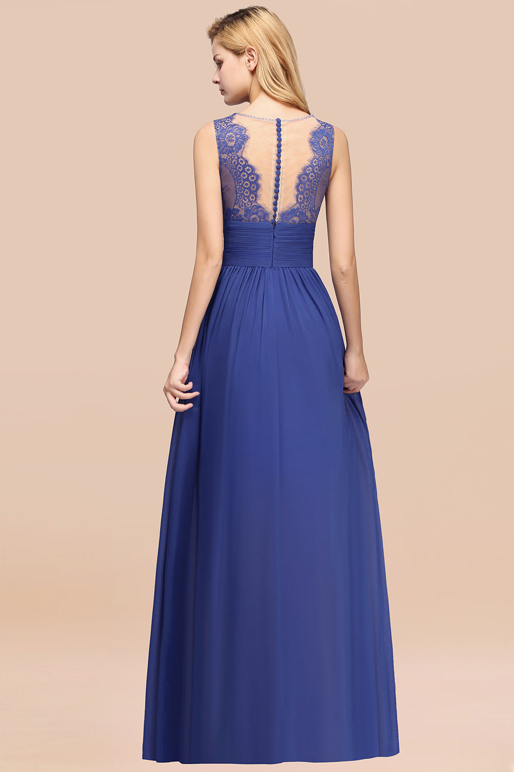 Elegant Chiffon Lace Jewel Sleeveless Bridesmaid Dress with Ruffle