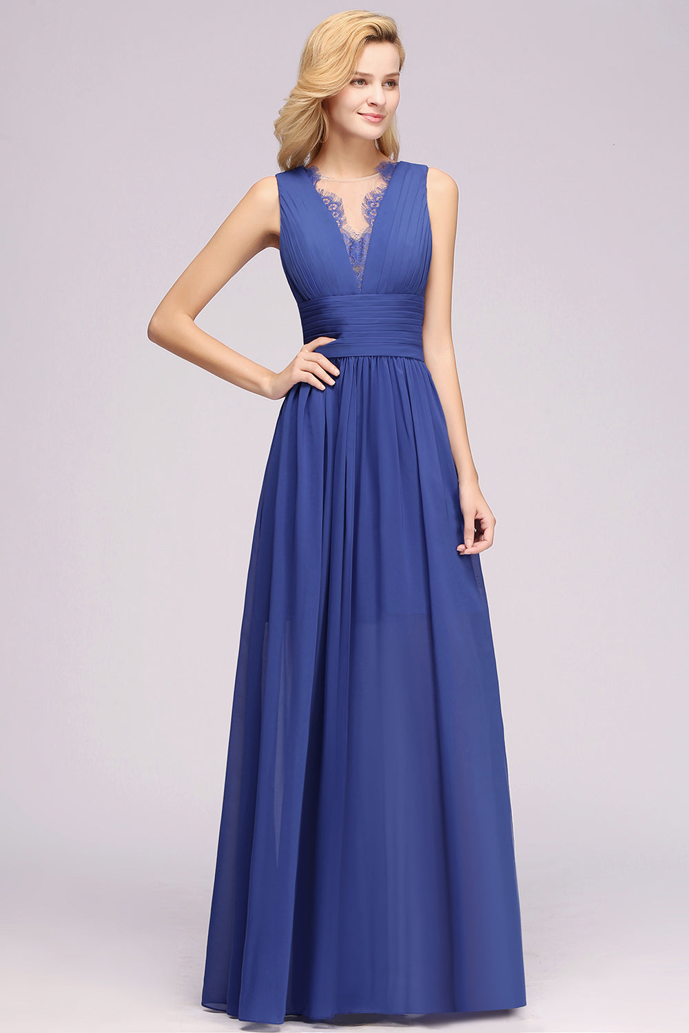 Elegant Chiffon Lace Jewel Sleeveless Bridesmaid Dress with Ruffle