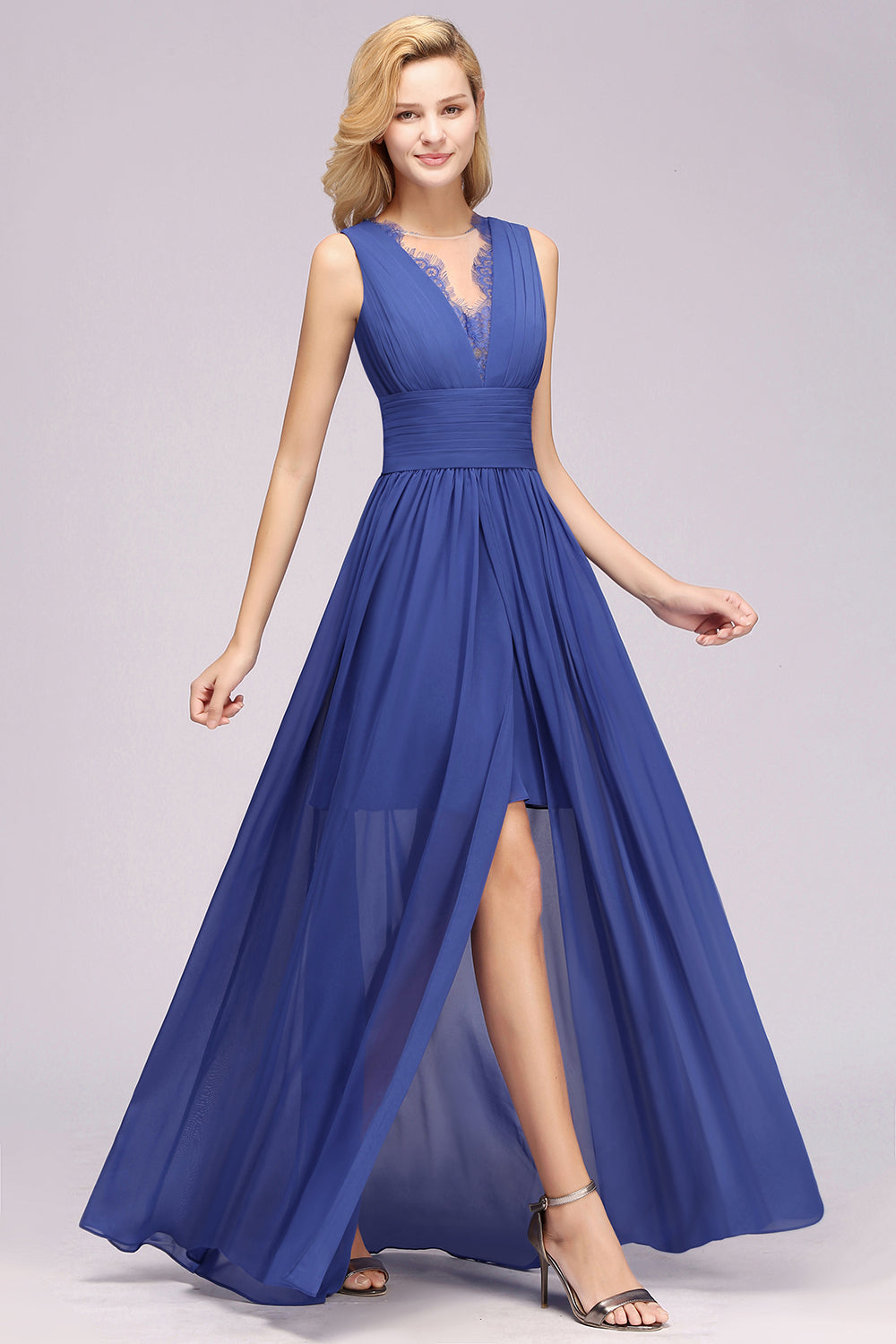 Elegant Chiffon Lace Jewel Sleeveless Bridesmaid Dress with Ruffle