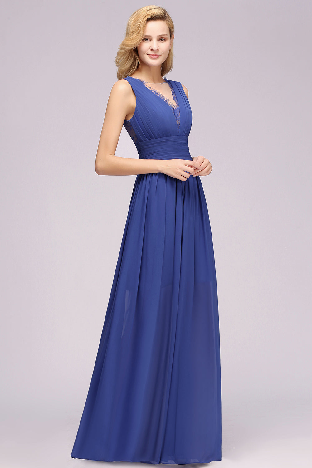 Elegant Chiffon Lace Jewel Sleeveless Bridesmaid Dress with Ruffle