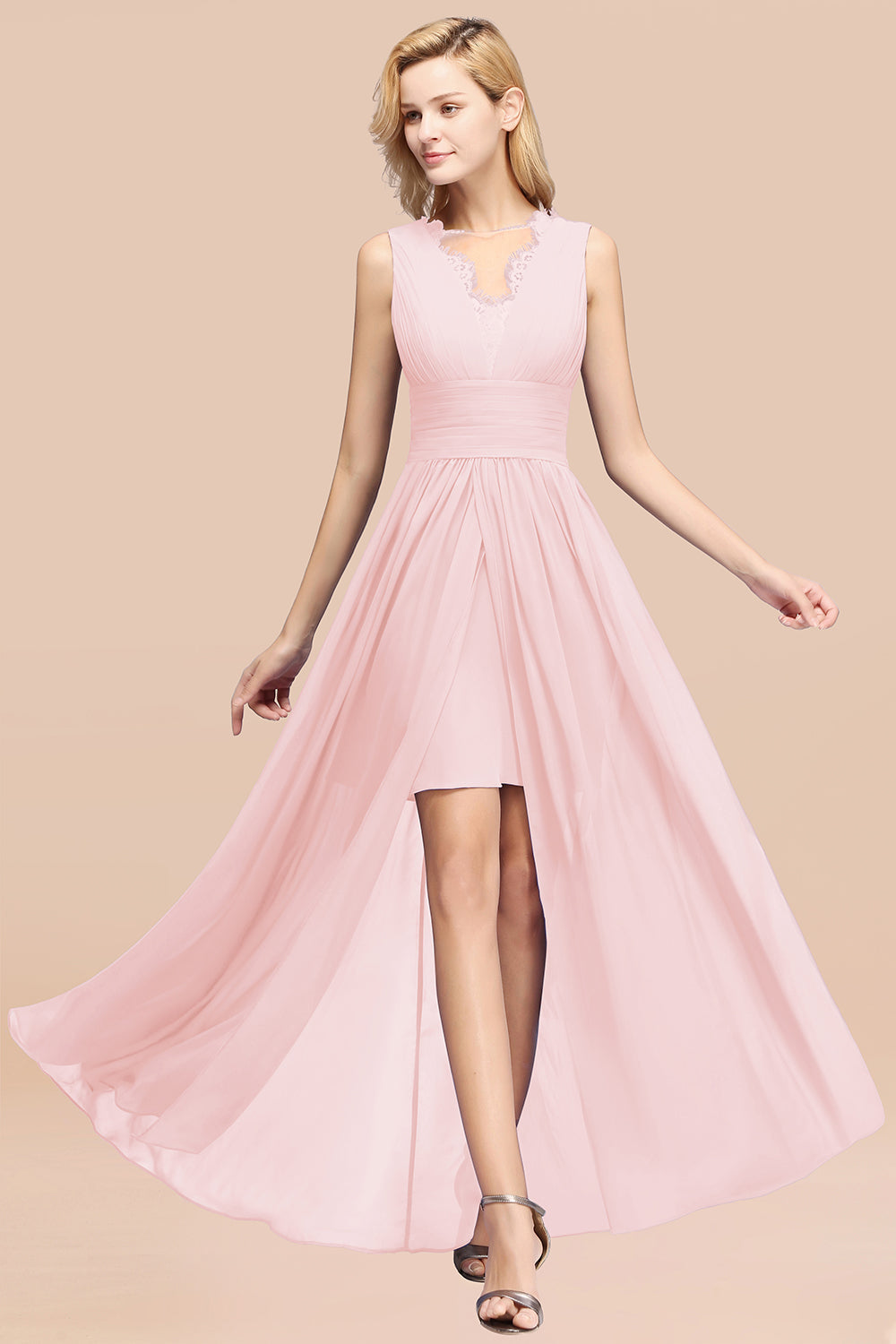 Elegant Chiffon Lace Jewel Sleeveless Bridesmaid Dress with Ruffle