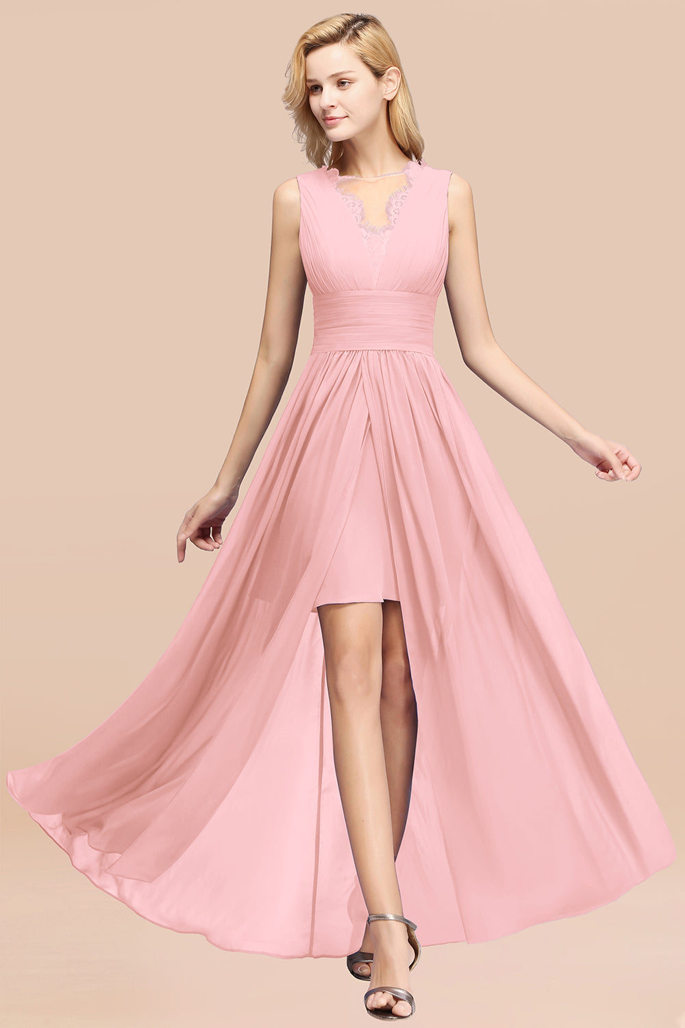 Elegant Chiffon Lace Jewel Sleeveless Bridesmaid Dress with Ruffle