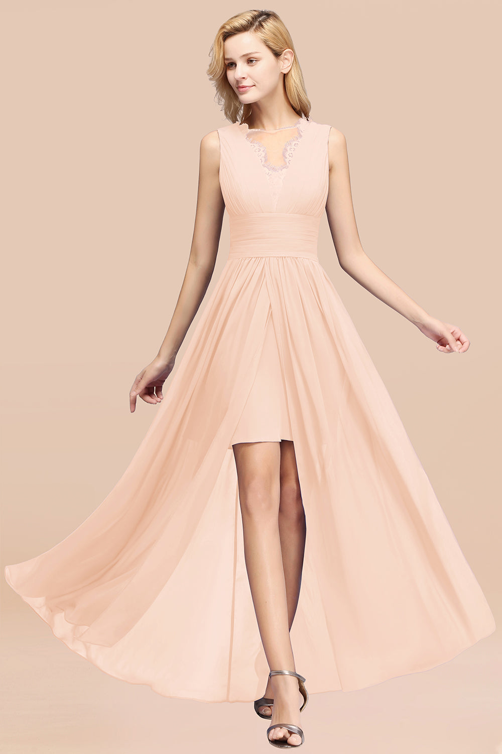 Elegant Chiffon Lace Jewel Sleeveless Bridesmaid Dress with Ruffle