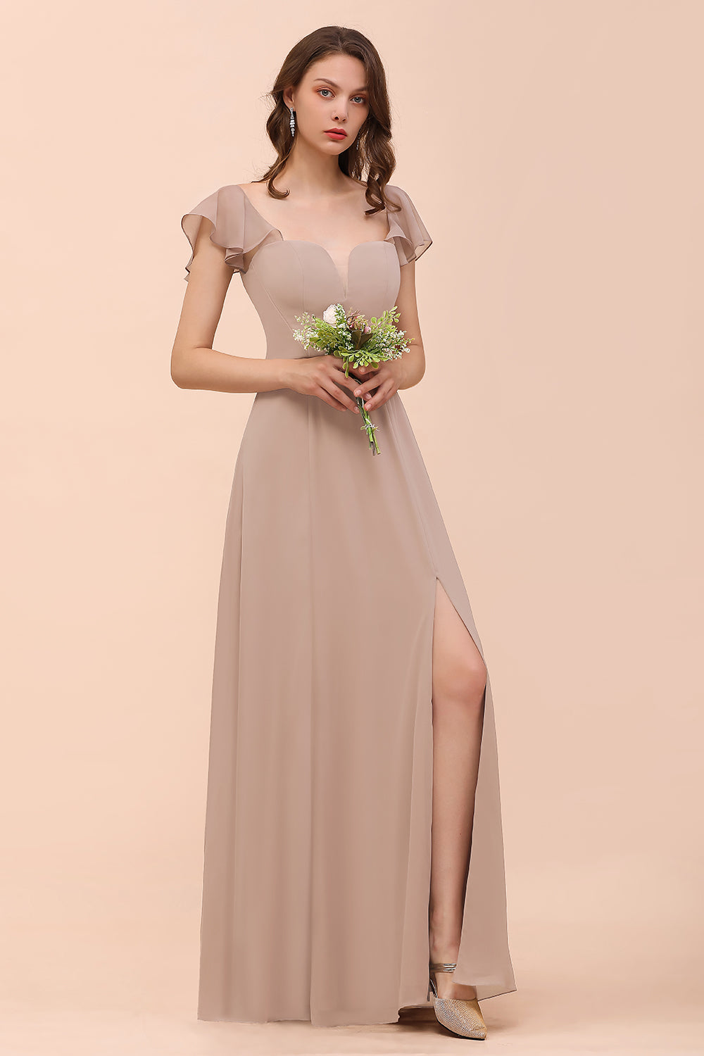 Elegant Chiffon Slit Affordable Bridesmaid Dresses with  Short Sleeves