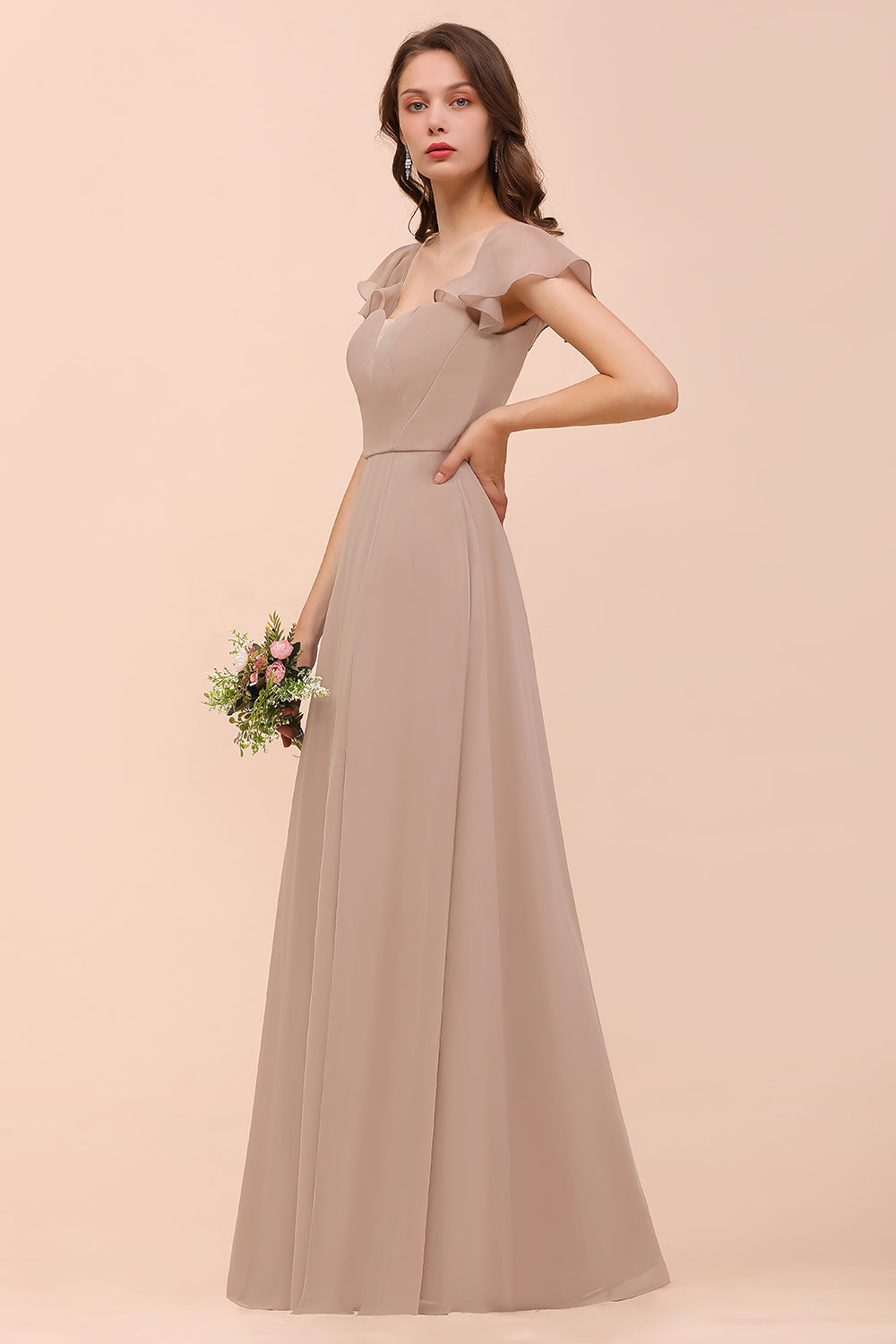 Elegant Chiffon Slit Affordable Bridesmaid Dresses with  Short Sleeves