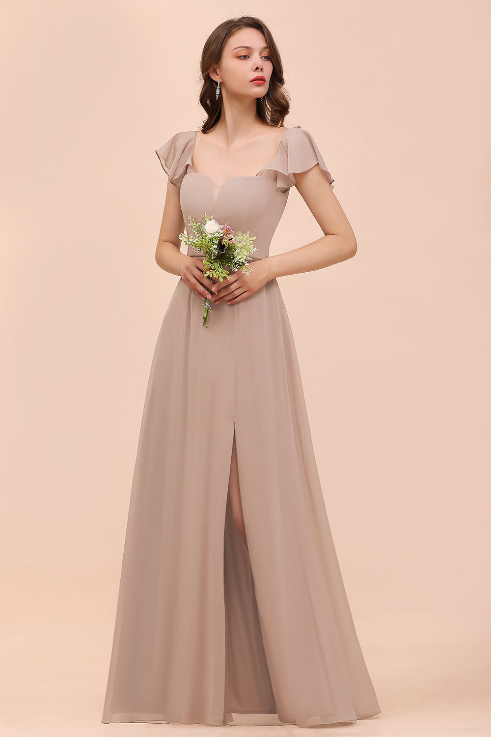 Elegant Chiffon Slit Affordable Bridesmaid Dresses with  Short Sleeves