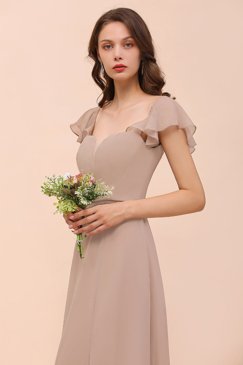 Elegant Chiffon Slit Affordable Bridesmaid Dresses with  Short Sleeves