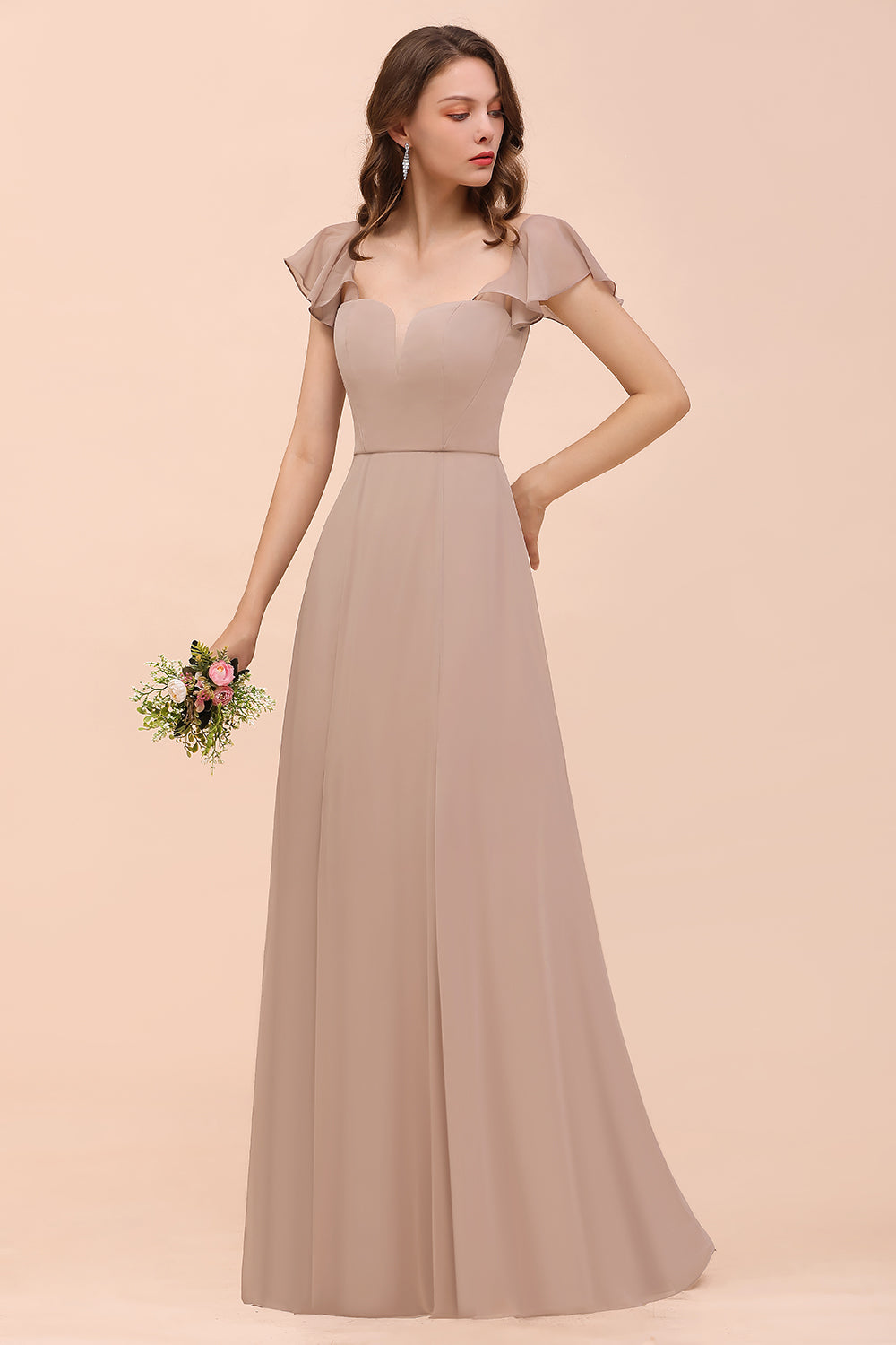 Elegant Chiffon Slit Affordable Bridesmaid Dresses with  Short Sleeves