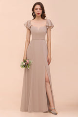 Elegant Chiffon Slit Affordable Bridesmaid Dresses with  Short Sleeves