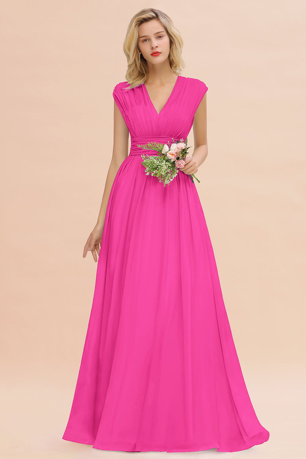 Elegant Chiffon V-Neck Ruffle Long Bridesmaid Dresses Affordable