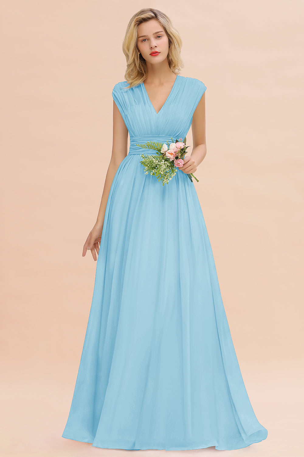 Elegant Chiffon V-Neck Ruffle Long Bridesmaid Dresses Affordable