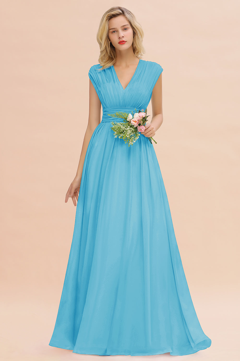 Elegant Chiffon V-Neck Ruffle Long Bridesmaid Dresses Affordable