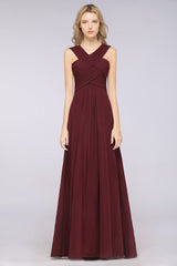 Elegant Chiffon V-Neck Straps Crisscross Burgundy Bridesmaid Dress with Ruffle