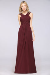 Elegant Chiffon V-Neck Straps Crisscross Burgundy Bridesmaid Dress with Ruffle