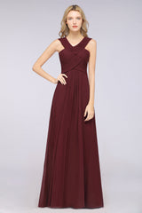 Elegant Chiffon V-Neck Straps Crisscross Burgundy Bridesmaid Dress with Ruffle