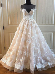 Elegant Creamy Lace Sweetheart Long Wedding Dress A Line Appliques Bridal Gowns On Sale