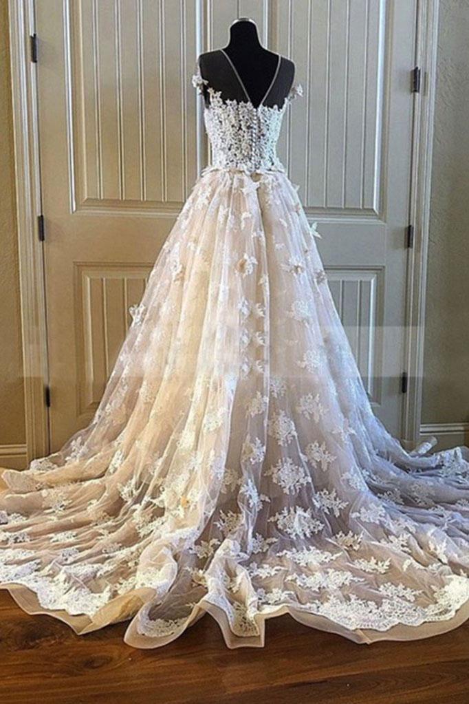 Elegant Creamy Lace Sweetheart Long Wedding Dress A Line Appliques Bridal Gowns On Sale