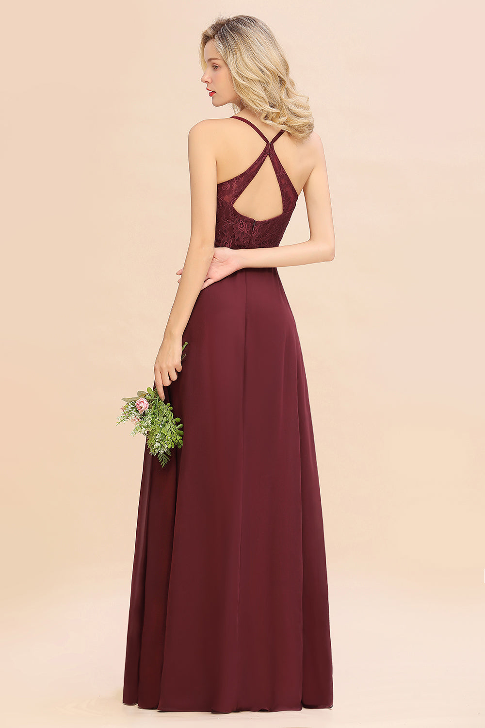 Elegant CrissCross Back Burgundy Lace Bridesmaid Dress With Spaghetti Straps