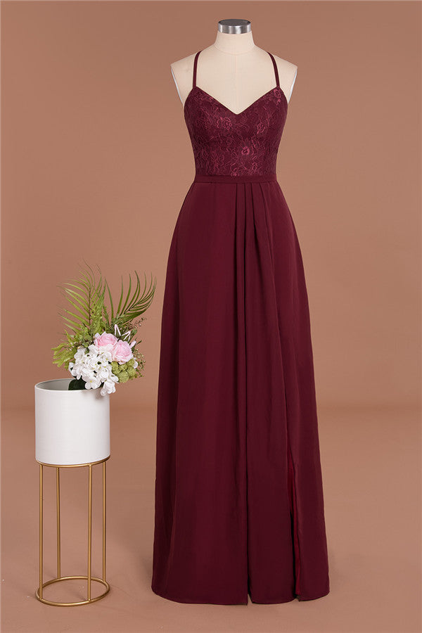 Elegant CrissCross Back Burgundy Lace Bridesmaid Dress With Spaghetti Straps