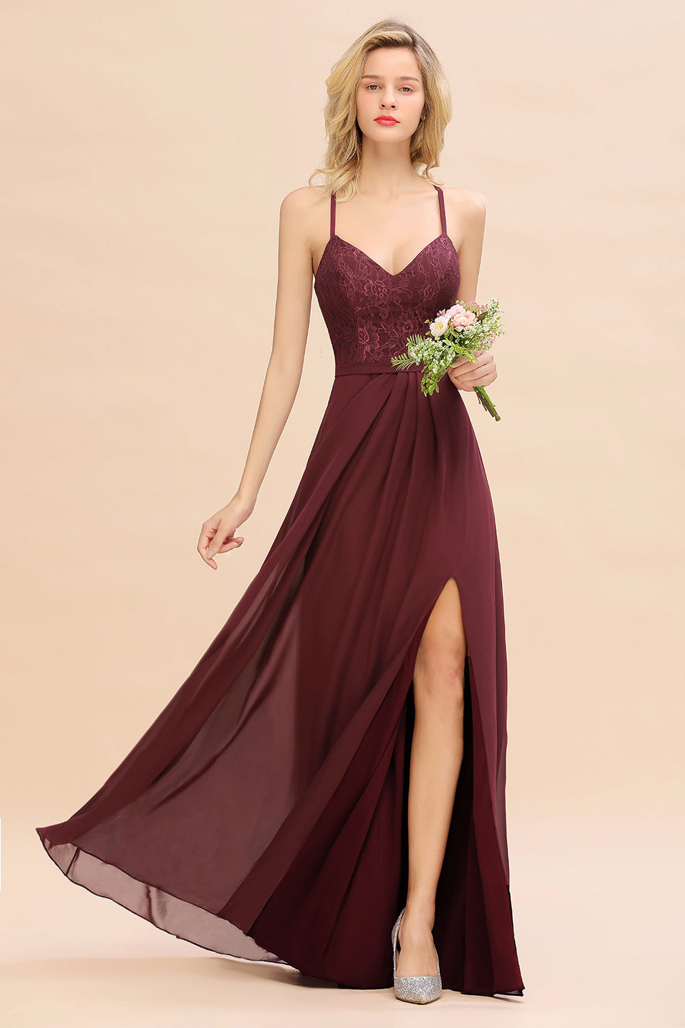 Elegant CrissCross Back Burgundy Lace Bridesmaid Dress With Spaghetti Straps