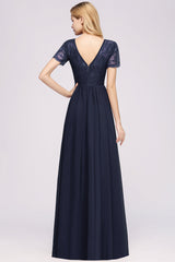 Elegant Dark Navy Long Lace Bridesmaid Dresses with Short-Sleeves