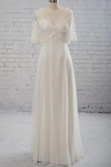 Elegant Empire V-neck Tulle Wedding Dress A-line Appliques Short Sleeves Bridal Gowns On Sale