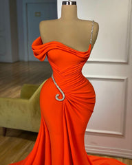 Elegant Floor-Length One-Shoulder Sleeveless Mermaid Satin Prom Dress with Ruffles