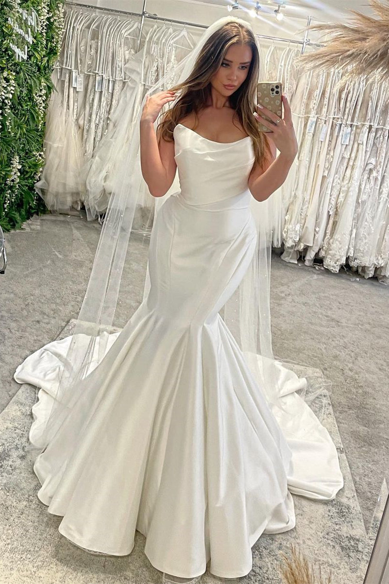 Fabulous Long Floor Length Sleeveless Mermaid Satin Wedding Dress with Ruffles