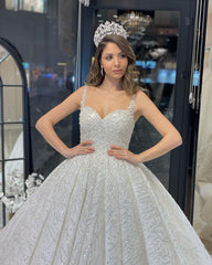 Elegant Floor-Length Sweetheart Sleeveless A-Line Sequined Wedding Dress with Ruffles