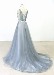 Elegant Gray Tulle Round Neck Beach Wedding Dress Jewel Sweep Train Bridal Gowns On Sale