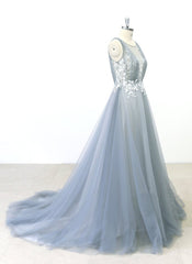 Elegant Gray Tulle Round Neck Beach Wedding Dress Jewel Sweep Train Bridal Gowns On Sale