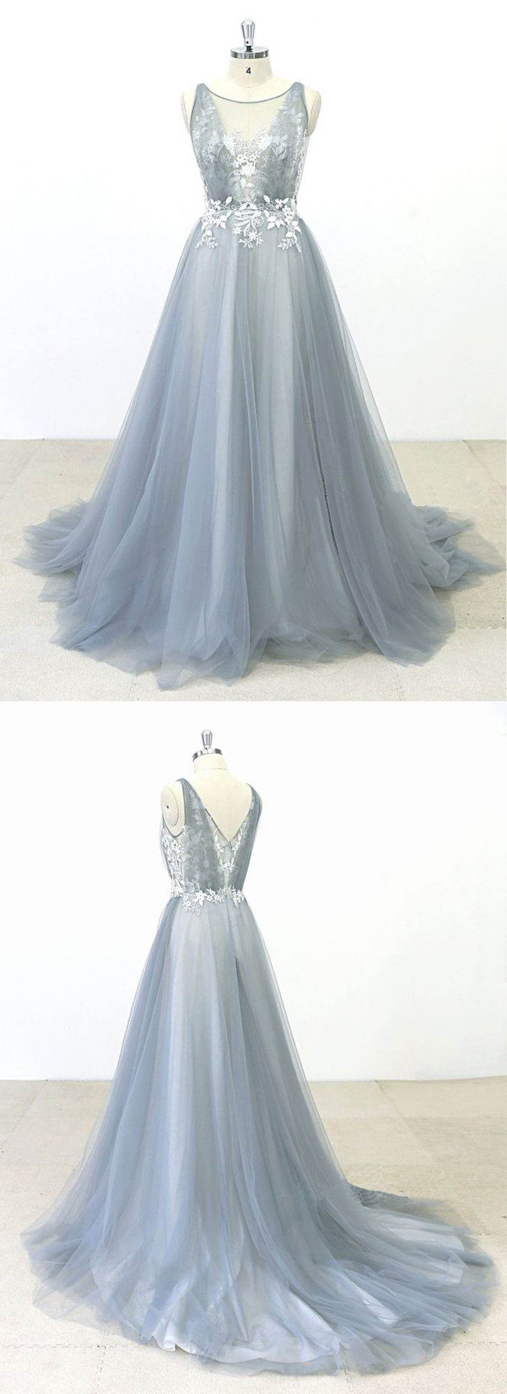 Elegant Gray Tulle Round Neck Beach Wedding Dress Jewel Sweep Train Bridal Gowns On Sale