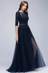 Elegant Half-Sleeves Lace Navy Bridesmaid Dresses with Appliques