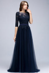 Elegant Half-Sleeves Lace Navy Bridesmaid Dresses with Appliques