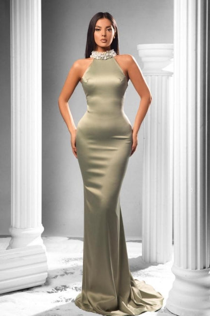 Elegant Halter Sleeveless Mermaid Satin Prom Dress with Beading