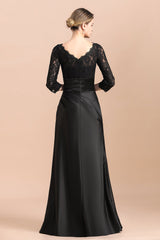 Elegant Jewel 3/4 Sleeves Black Satin Lace Ruffles Mother of Bride Dress On Sale