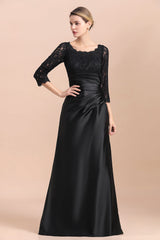 Elegant Jewel 3/4 Sleeves Black Satin Lace Ruffles Mother of Bride Dress On Sale