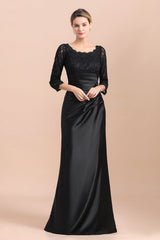 Elegant Jewel 3/4 Sleeves Black Satin Lace Ruffles Mother of Bride Dress On Sale