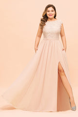 Elegant Jewel Chiffon Lace Affordable Bridesmaid Dresses with Slit