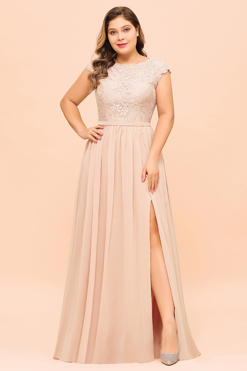 Elegant Jewel Chiffon Lace Affordable Bridesmaid Dresses with Slit